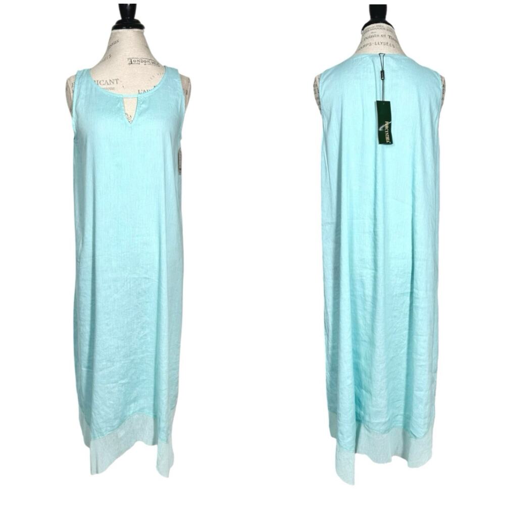 For Cynthia | Women | Teal Linen Blend Spring Summer Tank Slip Dress | Medium